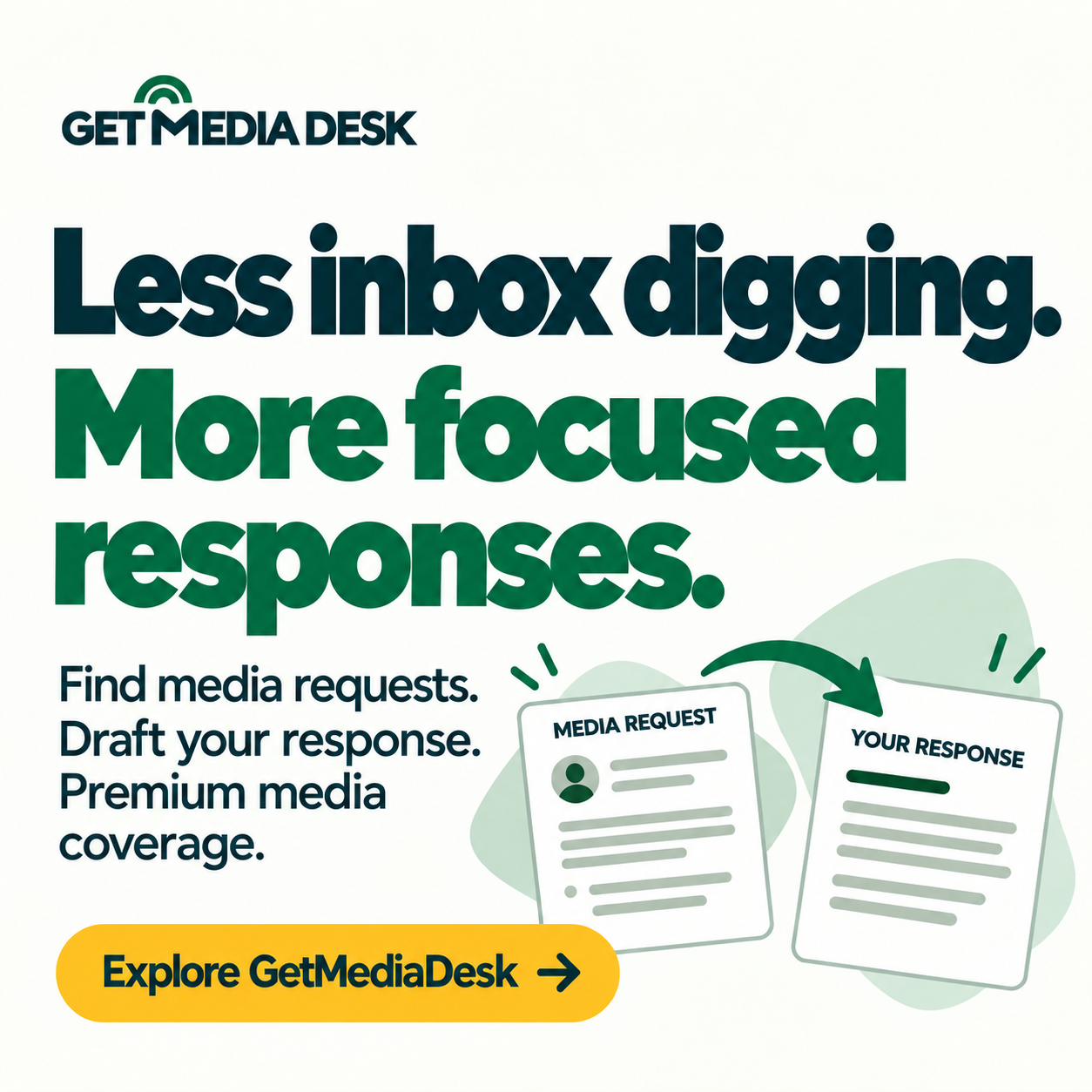 Square GetMediaDesk promotion: Less inbox digging. More focused responses. Find media requests. Draft your response. Premium media coverage.
